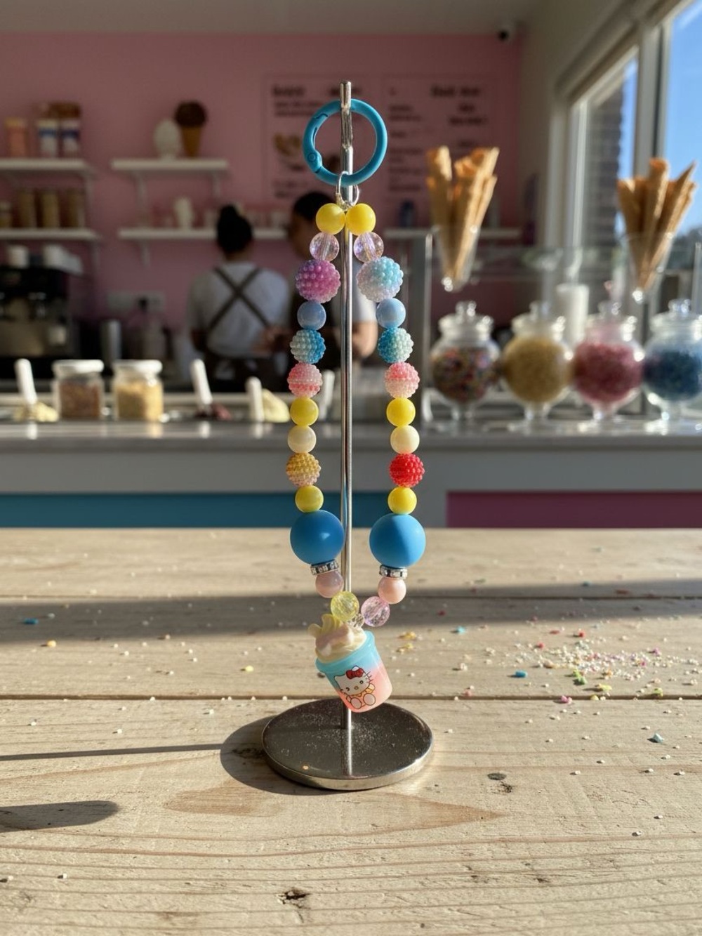 Kawaii Pastel Beaded Phone Chain Strap with Ice Cream Hello Kitty Charm